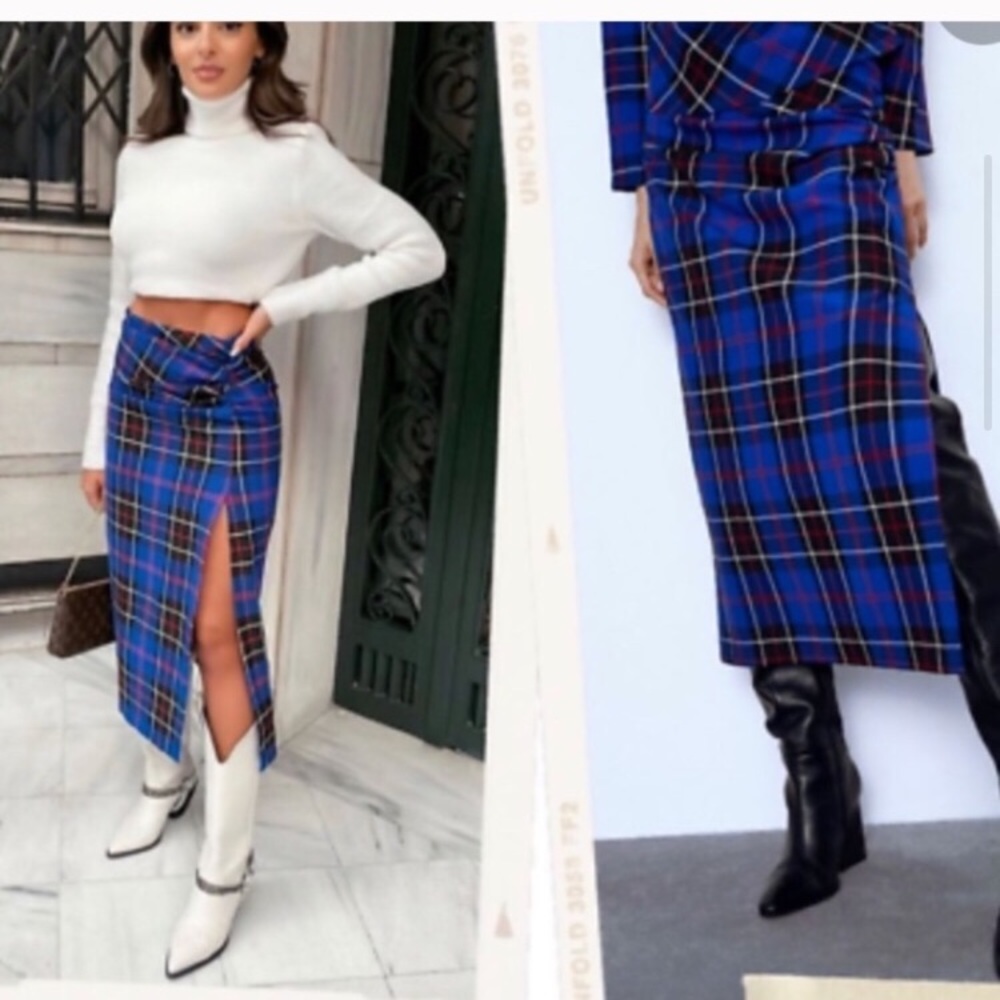 Zara Blue Plaid Midi Skirt Size XXL 2XL * - Picture 2 of 8